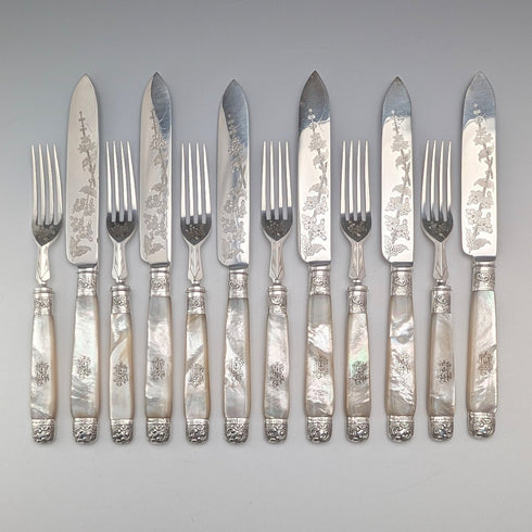 約 1890 年英國古董白色珍珠手柄純銀裝飾 6 對甜點餐具 Allen&Darwin